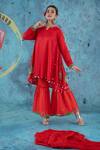 Buy Kacha Tanka Red Cotton Satin Applique Floral Round Neck Asymmetric Kurta Sharara Set at Aza Fashions Buy_Kacha Tanka_Red Cotton Satin Applique Floral Round Neck Asymmetric Kurta Sharara Set _at_Aza_Fashions