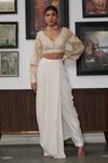 Buy_GG by Asha Gautam_White Brocade Hand Woven Floral Pattern Dhoti Skirt With Pant Set  _at_Aza_Fashions