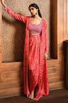 Buy_Aneesh Agarwaal_Orange Habutai; Lining: Shantoon Print Long Jacket And Draped Skirt Set For Women_at_Aza_Fashions