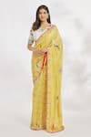 Buy_Paksh_Yellow Chanderi Silk Printed Striped And Embroidered Saree With Blouse  _at_Aza_Fashions