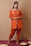 Buy_Label Nitisha_Orange Cotton Silk Hand Embroidered Dabka Jacket V Neck Dhoti Pant Set _at_Aza_Fashions