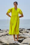 Buy_MATI_Yellow 100% Cotton V Neck Ruffle Sleeve Dress _at_Aza_Fashions