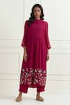 Buy_Ikshita Choudhary_Magenta Chanderi Embroidery Thread Band Collar Border Kurta And Pant Set _at_Aza_Fashions