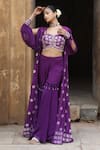 Buy_Nitisha Kashyap Official_Purple Georgette, Silk Beads, Mirrors Split Balloon Sleeve Cape Gharara Set _at_Aza_Fashions