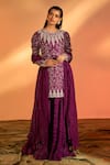 Buy_J by Jannat_Purple Silk Hand Embroidered Floral Round Kurta Sharara Set _at_Aza_Fashions