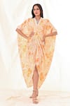 Buy_PIRI INDIA_Yellow Heavy Georgette Printed And Neck Embroidered Kaftan_at_Aza_Fashions