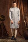 Buy_More Mischief_Grey Silk Linen Embroidery Floral Monarch Geometric Sherwani  _at_Aza_Fashions