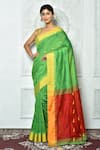 Buy_Samyukta Singhania_Green Blended Cotton Woven Geometric Colorblock Saree _at_Aza_Fashions