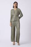 Buy_Scarlet Sage_Gold Solid V Neck Top And Pant Set  _at_Aza_Fashions