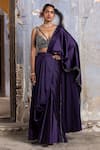 Buy_Nitika Gujral_Purple Saree Satin Embroidered Sequin Plunge V Draped With Cutout Bustier _Online_at_Aza_Fashions