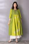 Buy_Tanu Malhotra_Green Cotton, Linen Embroidery Keyhole Neck Colour Block Tunic And Pant Set _at_Aza_Fashions