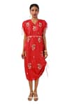 Buy_Meghna Shah_Red Silk Beads, Stones V-neck Hand Embroidered Draped Cowl Dress _at_Aza_Fashions
