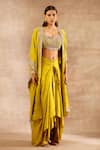 Buy_JAYANTI REDDY_Yellow Raw Silk Embroidered Zardozi Cape With Cowl Skirt Set  _at_Aza_Fashions