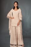 Buy_Stotram_Beige Organza Embroidery Sequins Leaf Neck Hand Kurta Sharara Set_at_Aza_Fashions