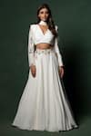 Buy_Parshya_Off White Viscose Crepe Georgette Embroidered Sequin V Neck Floral Lehenga Set _at_Aza_Fashions