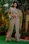 Buy_OMANA BY RANJANA BOTHRA_Silver Satin Plain V Neck Cowl Sleeve Top And Wide Legged Trouser Set _at_Aza_Fashions