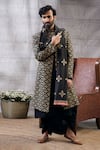 Buy_Soup by Sougat Paul_Black Malaysian Silk Print Geometric Zahra Longline Jacket And Kurta Set  _at_Aza_Fashions