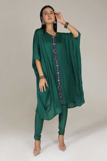 Forest Green Asymmetric Kaftan Kurta with Embroidered Shoulder main image 0
