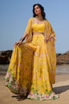 Buy_LASHKARAA_Yellow Georgette Embroidery Zari Flower Scoop Neck Vine Print Jacket Sharara Set _at_Aza_Fashions