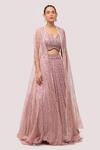 Buy_Onaya_Pink Lycra Embroidered Sequin V Neck Jacket Lehenga Set _at_Aza_Fashions
