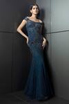 Buy_Rohit Gandhi + Rahul Khanna_Blue Tulle Sequins, Crystals, Cut Work One Starburst Embellished Off Gown _at_Aza_Fashions