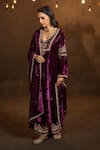 Buy_Glittire by Sakshi Verma_Purple Silk Velvet Embroidery Cutdana Leaf Neck Yoke Kurta Set  _at_Aza_Fashions