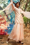 Buy_Gulaal_Peach Muslin, Silk, Chiffon Embroidery, Sequins Round Short Kurta Palazzo Set _at_Aza_Fashions