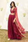 Buy_Seeaash_Red Chiffon Printed Floral Plunge V Neck Bahaar Cape With Palazzo Set_at_Aza_Fashions