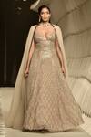 Buy_Rohit Gandhi + Rahul Khanna_Beige Tulle Crystals V-neck Spatial Metallic Gown With Cape _at_Aza_Fashions