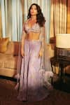 Buy_LASHKARAA_Purple Net Embroidery Beads Plunge V Neck Periwinkle Embellished Sharara Set _at_Aza_Fashions