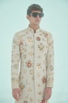 Buy_Sahil Kochhar_Cream Silk Embroidery Rashid Floral Sherwani Set _at_Aza_Fashions