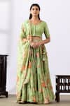 Buy_Abbaran_Green Chanderi Printed Floral V Neck Tiered Lehenga Set _at_Aza_Fashions