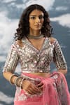 Buy_SAKSHAM & NEHARICKA_Pink Net Hand Embroidered Sequin And Bead Work V Neck Laalsa Blouse _at_Aza_Fashions