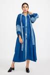 Buy_Jayati Goenka_Blue Hand Block Print Checkered V Neck Puffed Sleeve Dress _at_Aza_Fashions