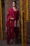 Buy_Leela By A_Maroon Chanderi Embroidery Zari Round Kurta Dhoti Pant Set _at_Aza_Fashions