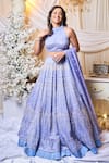 Buy_Varun Chakkilam_Blue Silk Organza Sequins, Beads Halter Neck Chevron Embroidered Lehenga Set _at_Aza_Fashions