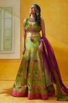 Buy_Basil Leaf_Green Tussar, Chiffon, Organza Sequins, Zari, Lotus Garden Print Lehenga Set_at_Aza_Fashions