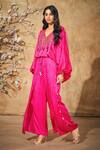 Buy_Aditi Somani_Pink Modal Satin Print Bandhani V Neck Pattern Blouse With Double Flap Pant_at_Aza_Fashions