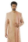 Buy Smriti By Anju Agarwal Peach Cotton, Raw Silk, Modal Satin Embroidered Sherwani Set at Aza Fashions Buy_Smriti By Anju Agarwal_Peach Cotton, Raw Silk, Modal Satin Embroidered Sherwani Set _at_Aza_Fashions