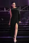 Buy_Rohit Gandhi + Rahul Khanna_Black Poly Crepe Embellished Boat High Slit Dress _at_Aza_Fashions