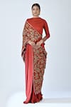 Buy_Sejal Kamdar_Red German Satin Printed And Hand Embroidered Ajrakh Draped Saree Gown _at_Aza_Fashions