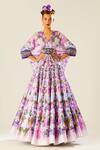Buy_Rajdeep Ranawat_Purple Dupion Printed Flower V Neck Leela Lehenga And Poncho Set  _at_Aza_Fashions