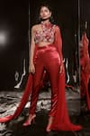 Buy_Masumi Mewawalla_Red Net Embroidery Sequin High Neck Collar Flower Drape Blouse With Pant _at_Aza_Fashions