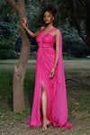 Buy_ZWAAN_Pink Chiffon Plain V Neck Draped Bodice Gown  _at_Aza_Fashions