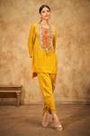 Buy_Aditi Somani_Yellow Modal Satin Print Bandhani Round Neck Pattern Short Kurta With Dhoti Pant _at_Aza_Fashions