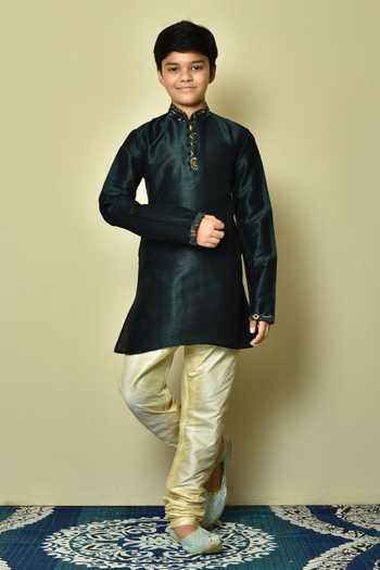 Buy_Petite Pomme_Green Silk Embroidery Mandarin Collar Kurta Set _at_Aza_Fashions