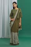 Buy_Banana Labs_Green Cotton Pom-poms Round Neck Hand Block Print Saree With Crop Top _at_Aza_Fashions