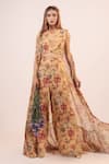 Buy_LABEL SHRISTI CHETANI_Beige Crepe Print Floral Pattern Cape Open Flared Pant Set _at_Aza_Fashions