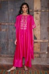 Buy_Shikha Mehta_Fuchsia Silk Chanderi Embroidered Thread High Neck Kaftan Tunic And Pyjama Set _at_Aza_Fashions