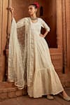 Buy_PREEVIN_Off White Anarkali Cotton Mulmul And Dupatta Tulle & Soft Net Work With _at_Aza_Fashions